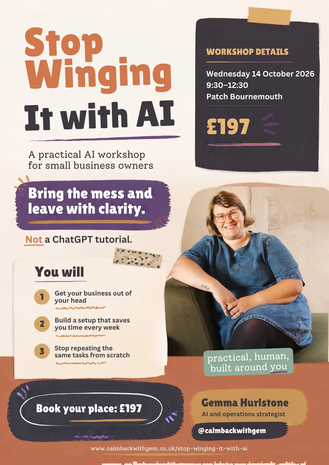 Poster for Stop Winging It With AI, a practical AI workshop for small business owners at Patch Bournemouth on Wednesday 14 October 2026, 9:30 to 12:30, £197, with a photo of Gemma Hurlstone smiling on a green sofa