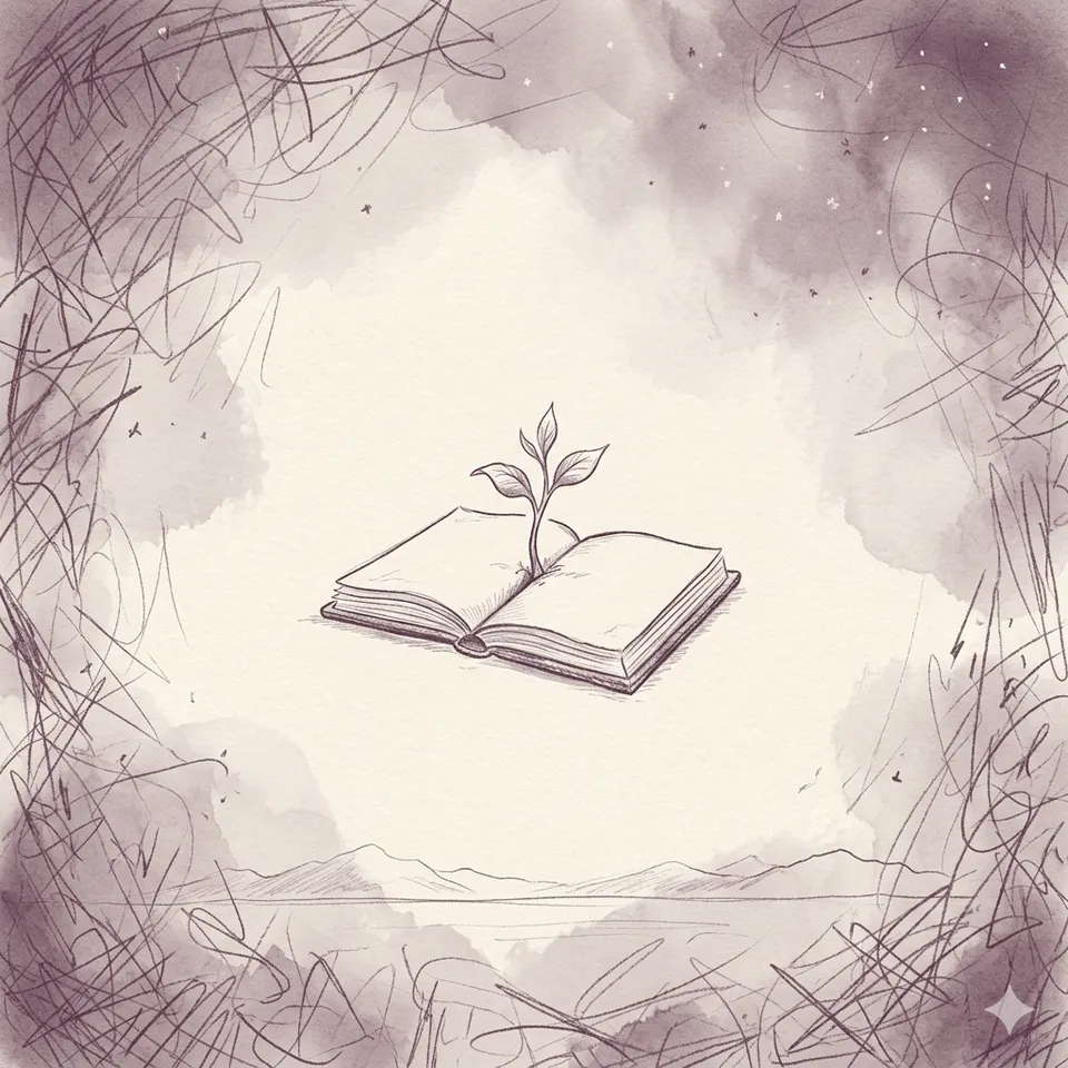 A pencil-sketch seedling unfurling from an open book, ringed by scratchy marks dissolving into calm.