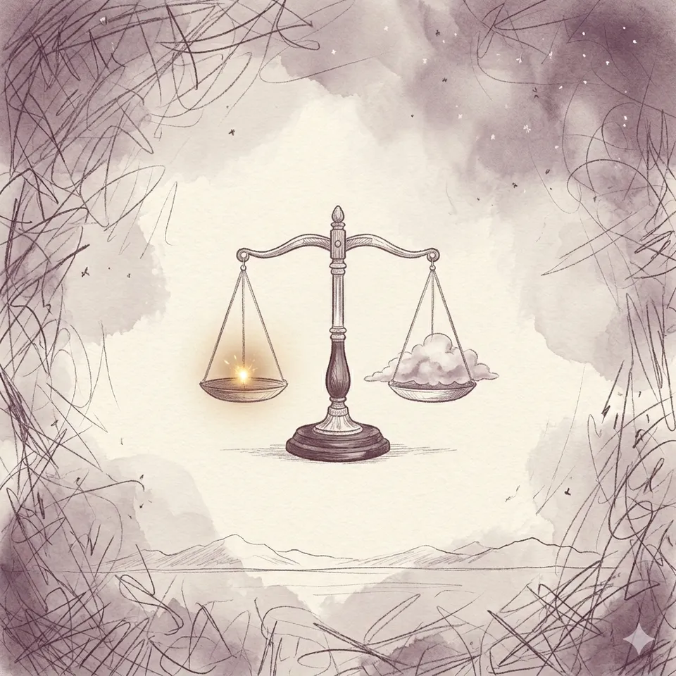 A pencil-sketch set of weighing scales balancing a tiny glowing spark against a soft cloud.