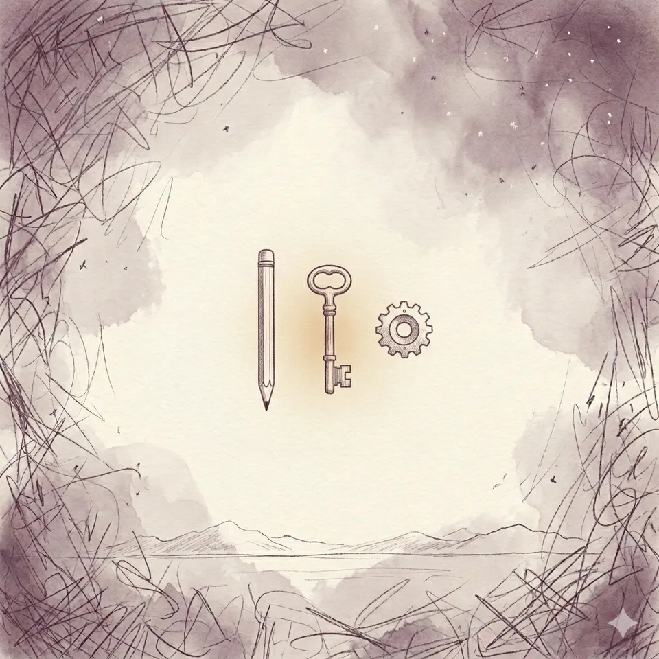 A pencil-sketch pencil, key and cog laid out in a calm cream space ringed by scribbled marks.