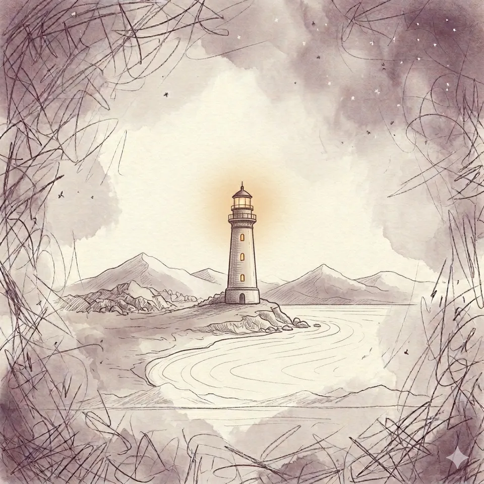 A pencil-sketch lighthouse glowing softly on a quiet headland, ringed by scratchy chaos.