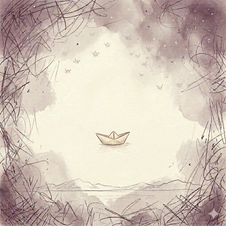 A pencil-sketch paper boat resting on still water, calm at the centre and chaotic at the edges.