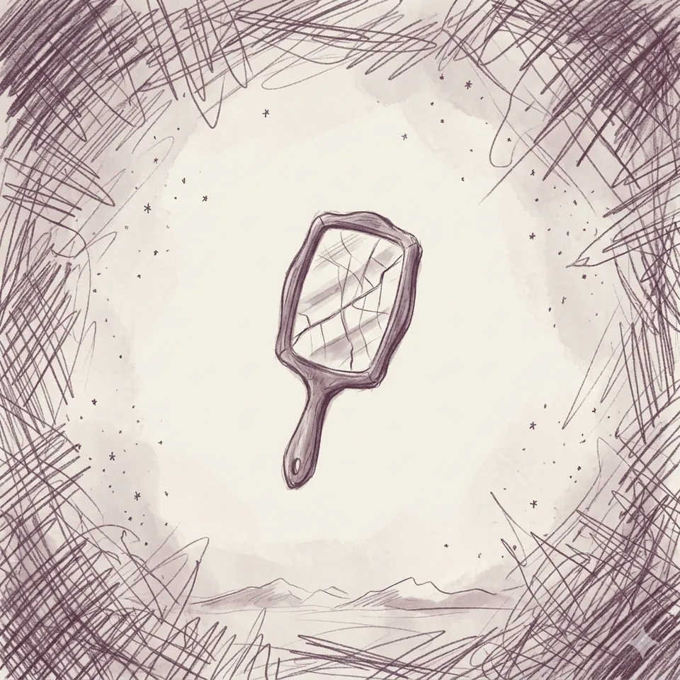 A pencil-sketch cracked hand mirror reflecting a distorted grid, ringed by heavy broken marks.