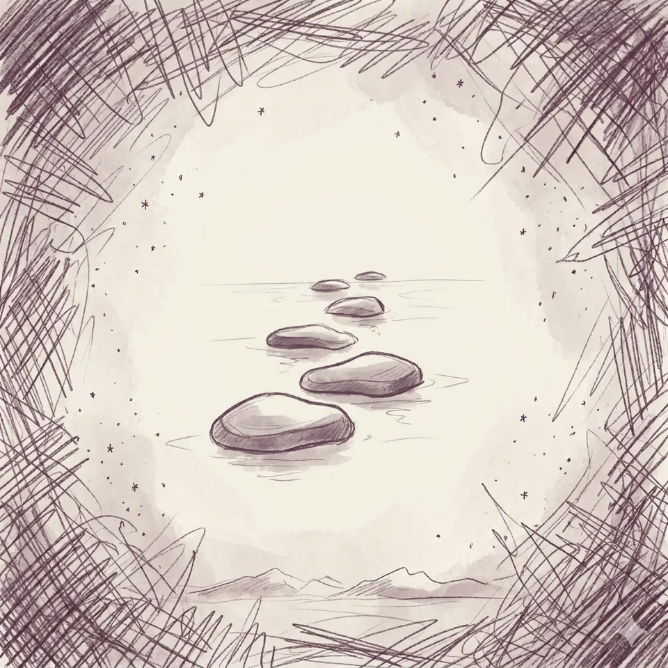 A pencil-sketch line of stepping stones crossing calm water, leading the eye gently forward.