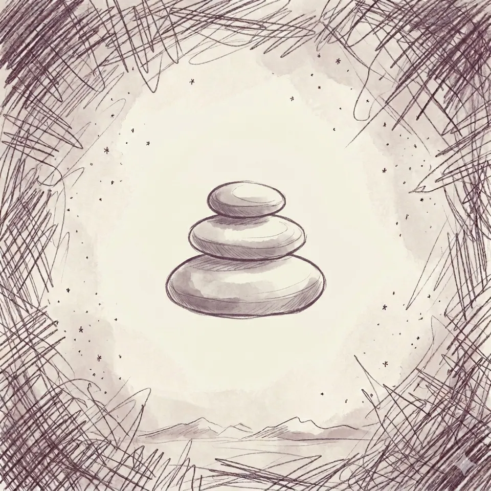 A pencil-sketch stack of three balanced pebbles in a calm cream space ringed by scribbled marks.