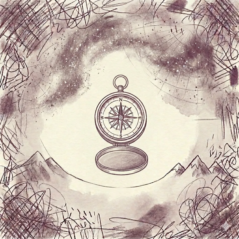 A pencil-sketch compass at the calm centre of the page, ringed by scratchy chaos that dissolves inward, with a faint horizon and mountains below.